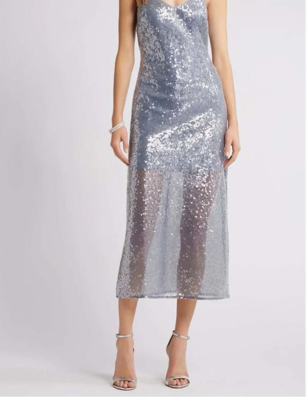 OPEN EDIT | Gray Sequin Partial Lined Sheer Midi Dress | Medium